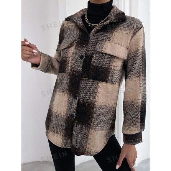 Oversized Plaid Shacket Jacket – Neutral Brown Checkered Coat Size Large - Picture 5 of 5